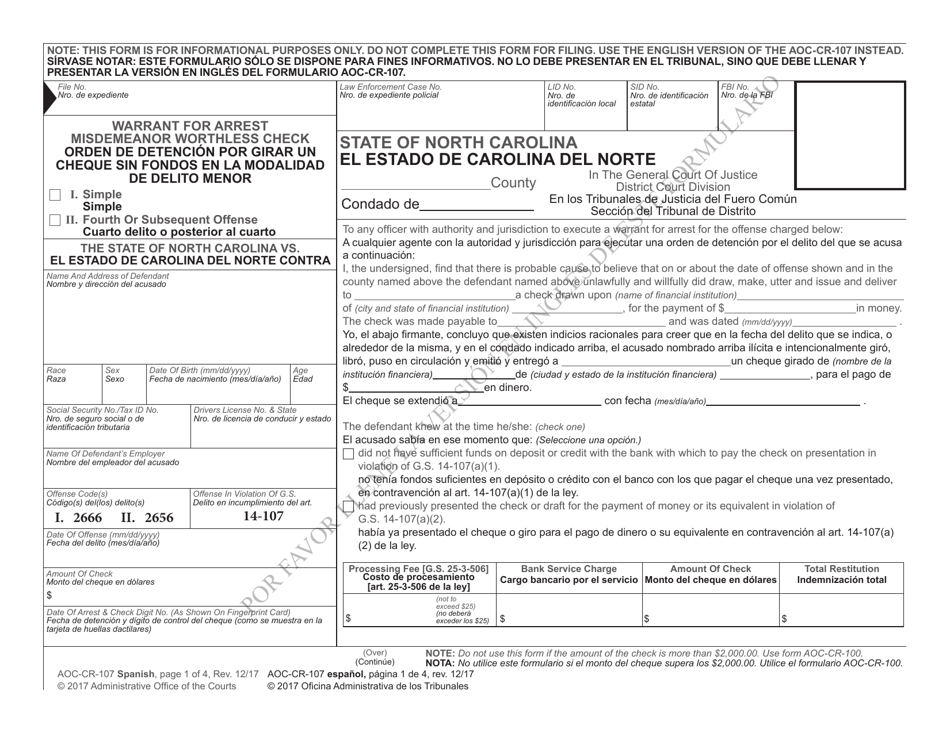 Form AOC-CR-107 SPANISH Warrant for Arrest Misdemeanor Worthless Check - North Carolina (English / Spanish), Page 1