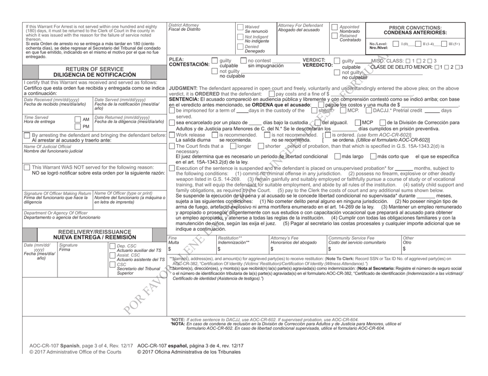 Form AOC-CR-107 SPANISH Warrant for Arrest Misdemeanor Worthless Check - North Carolina (English / Spanish), Page 3