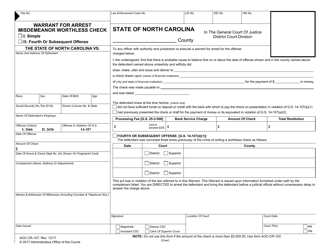 Document preview: Form AOC-CR-107 Warrant for Arrest Misdemeanor Worthless Check - North Carolina