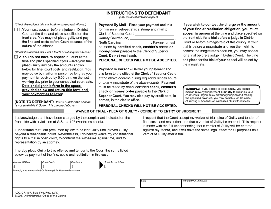 Form AOC-CR-107 Warrant for Arrest Misdemeanor Worthless Check - North Carolina, Page 4