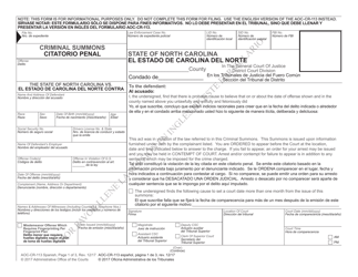 Document preview: Form AOC-CR-113 SPANISH Criminal Summons - North Carolina (English/Spanish)