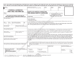 Document preview: Form AOC-CR-113 Criminal Summons - North Carolina (Vietnamese)