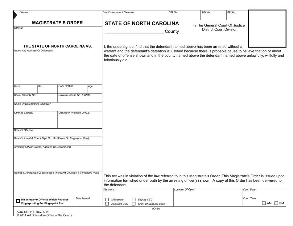 Form AOC-CR-116 Magistrates Order - North Carolina, Page 1