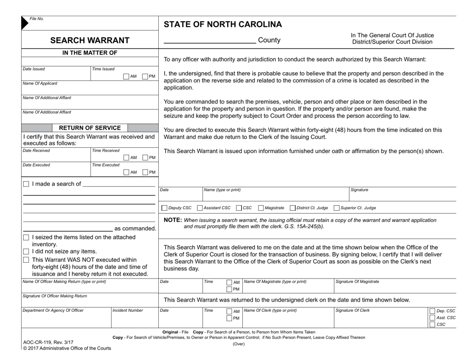 Form AOC-CR-119 Search Warrant - North Carolina, Page 1