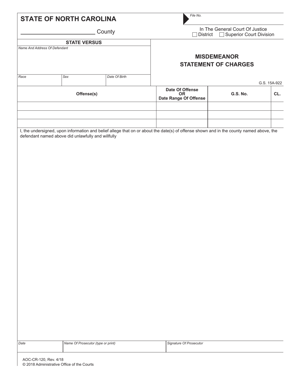 Form AOC-CR-120 Misdemeanor Statement of Charges - North Carolina, Page 1