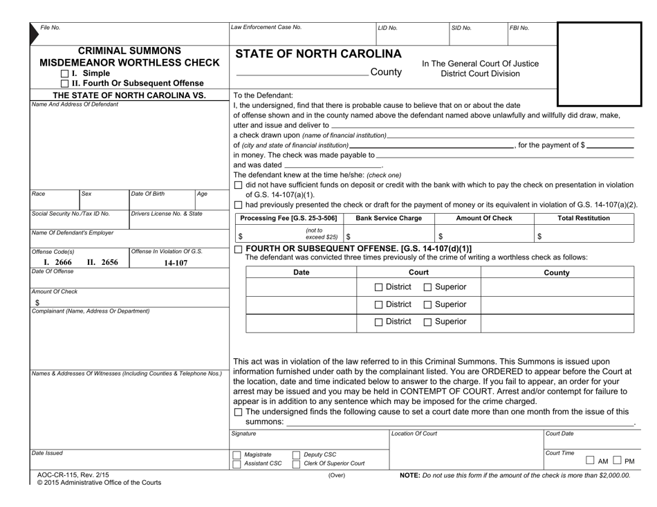 Form AOC-CR-115 Criminal Summons Misdemeanor Worthless Check - North Carolina, Page 1