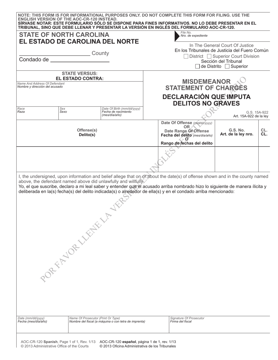 Form AOC-CR-120 SPANISH Misdemeanor Statement of Charges - North Carolina (English / Spanish), Page 1