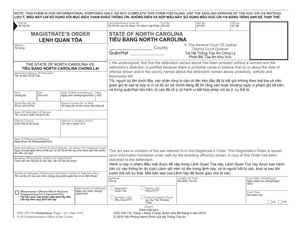 Form AOC-CR-116 Magistrates Order - North Carolina (Vietnamese), Page 1