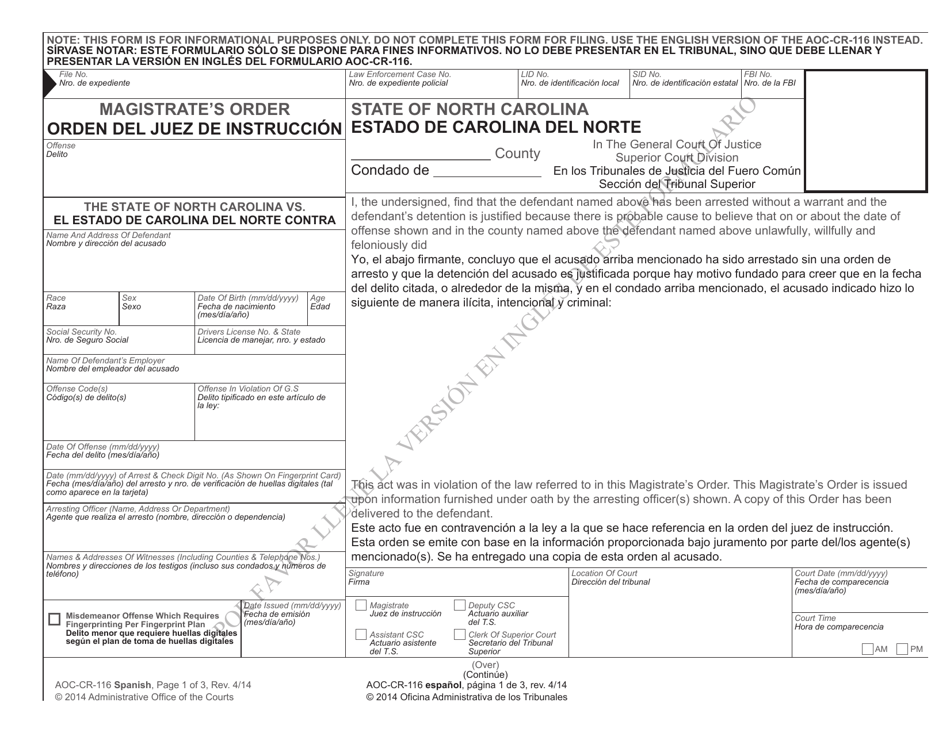 Form AOC-CR-116 Magistrates Order - North Carolina (English / Spanish), Page 1