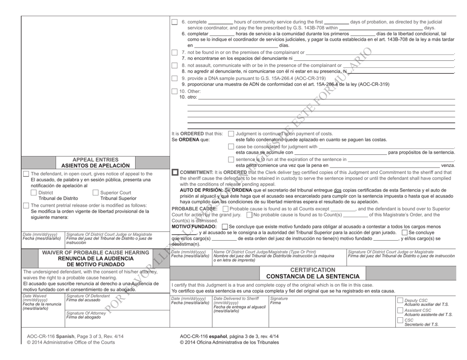 Form AOC-CR-116 Magistrates Order - North Carolina (English / Spanish), Page 3