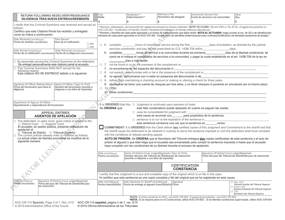 Form AOC-CR-115 SPANISH Criminal Summons Misdemeanor Worthless Check - North Carolina (English / Spanish), Page 3