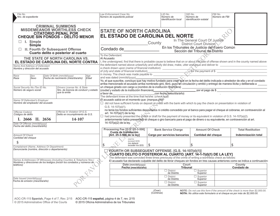 Form AOC-CR-115 SPANISH Criminal Summons Misdemeanor Worthless Check - North Carolina (English / Spanish), Page 4