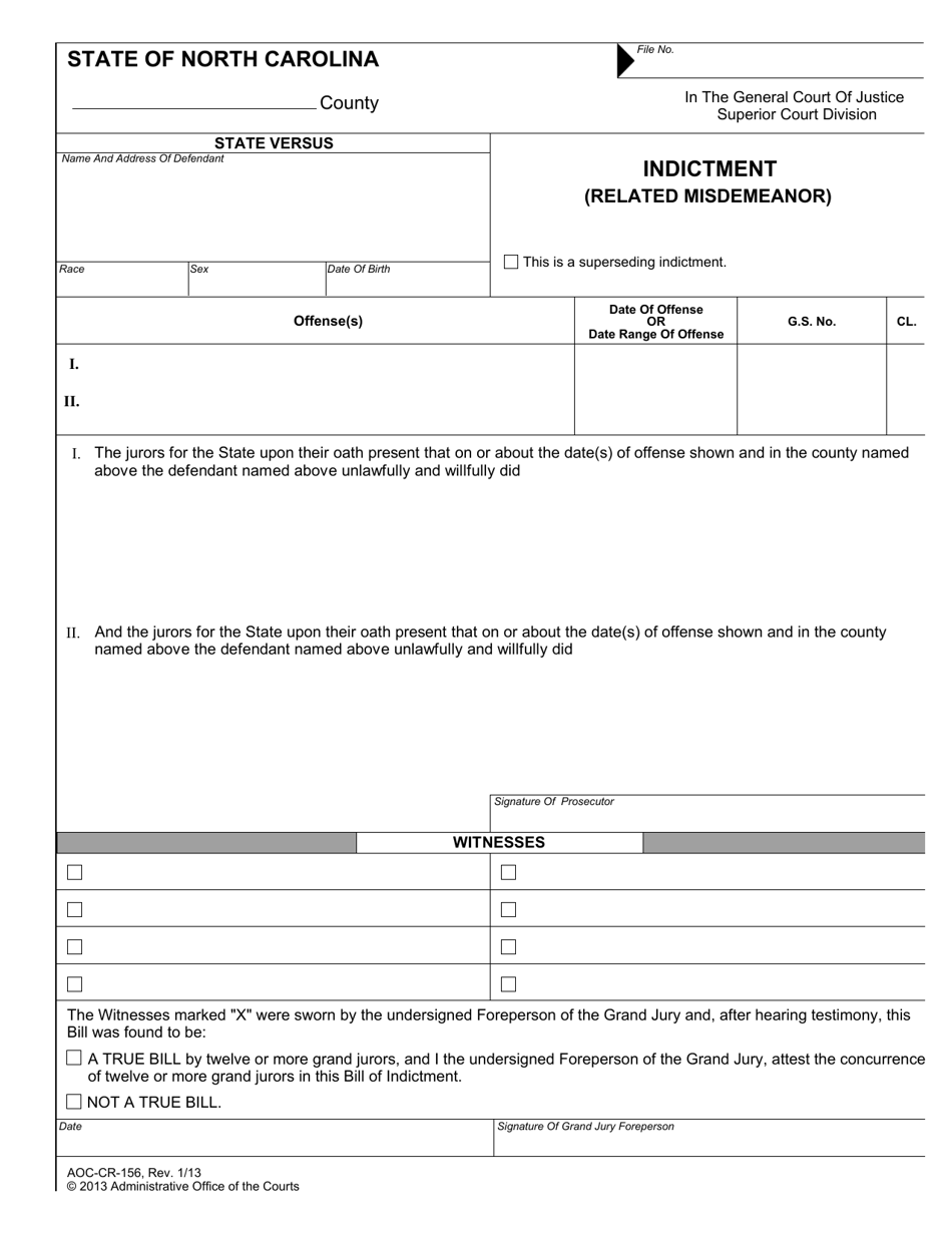 Form AOC-CR-156 Indictment (Related Misdemeanor) - North Carolina, Page 1