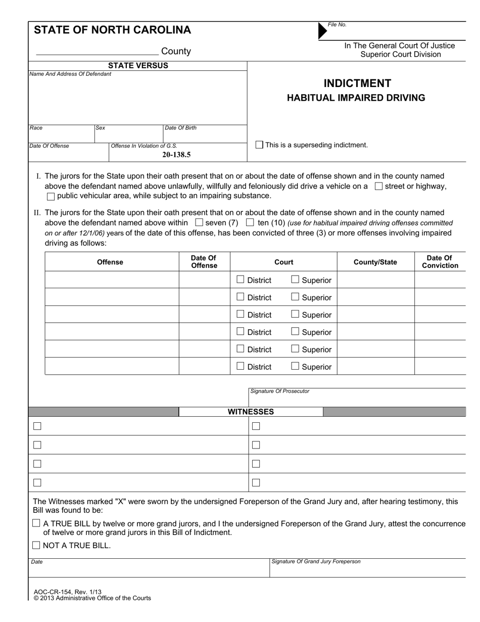 Form AOC-CR-154 Indictment Habitual Impaired Driving - North Carolina, Page 1