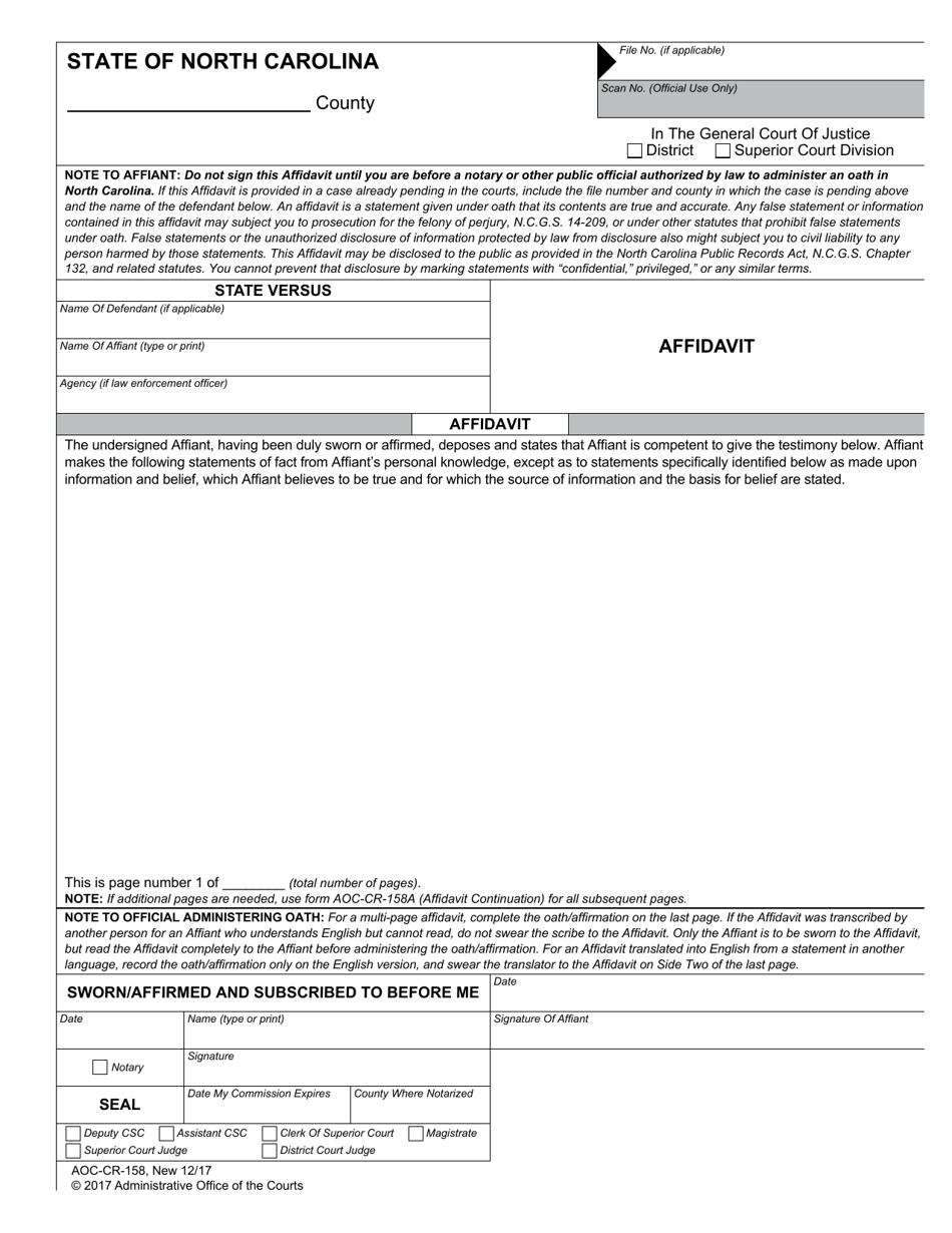 Form AOC-CR-158 Affidavit - North Carolina, Page 1