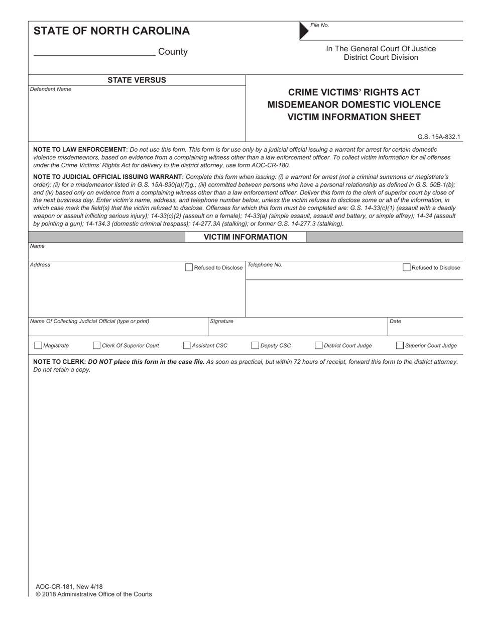 Form AOC-CR-181 Crime Victims Rights Act Misdemeanor Domestic Violence Victim Information Sheet - North Carolina, Page 1