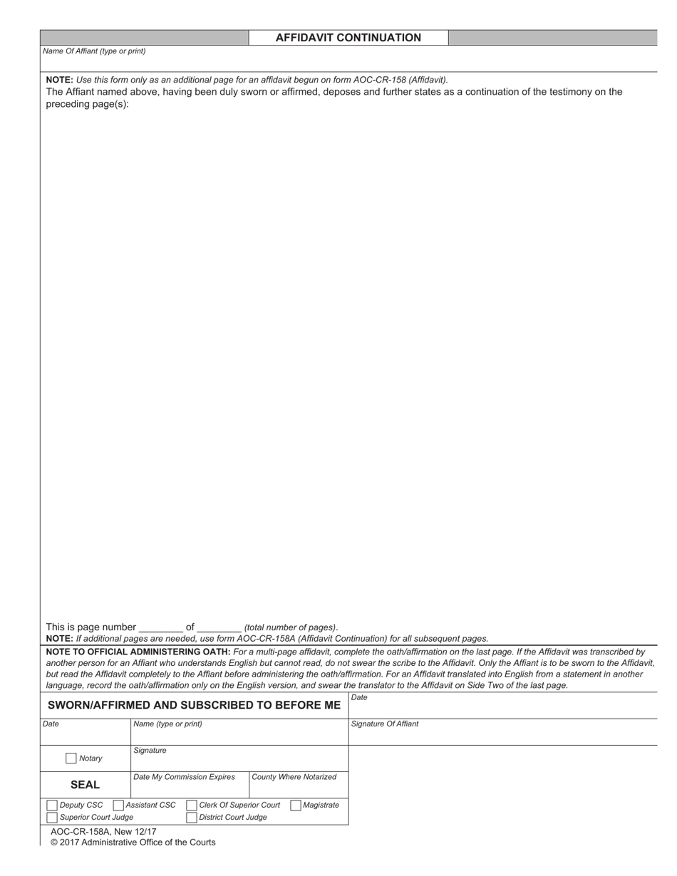 Form AOC-CR-158A Affidavit Continuation - North Carolina, Page 1