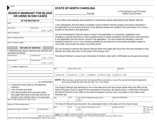 Form AOC-CR-155 Search Warrant for Blood or Urine in Dwi Cases - North Carolina