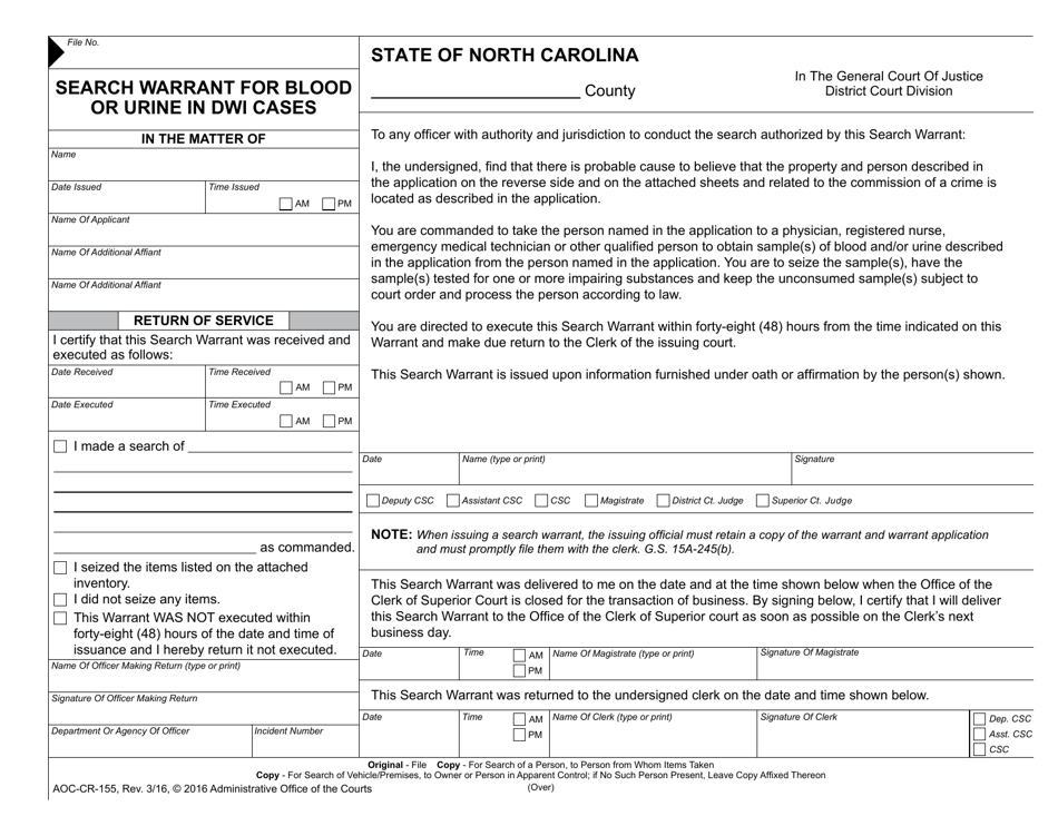 Form AOC-CR-155 Search Warrant for Blood or Urine in Dwi Cases - North Carolina, Page 1