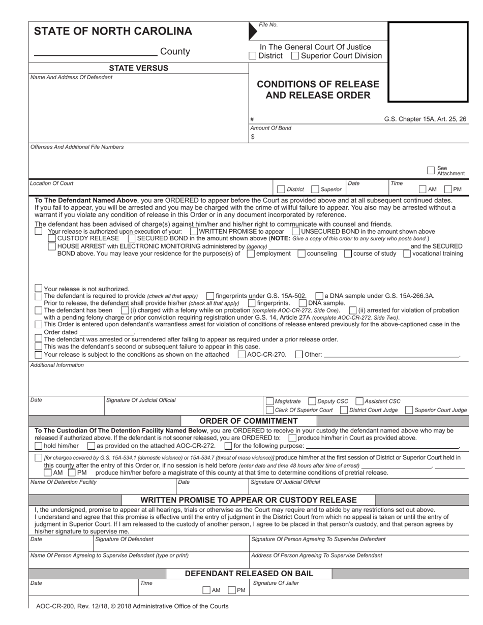Form AOC-CR-200 Conditions of Release and Release Order - North Carolina, Page 1