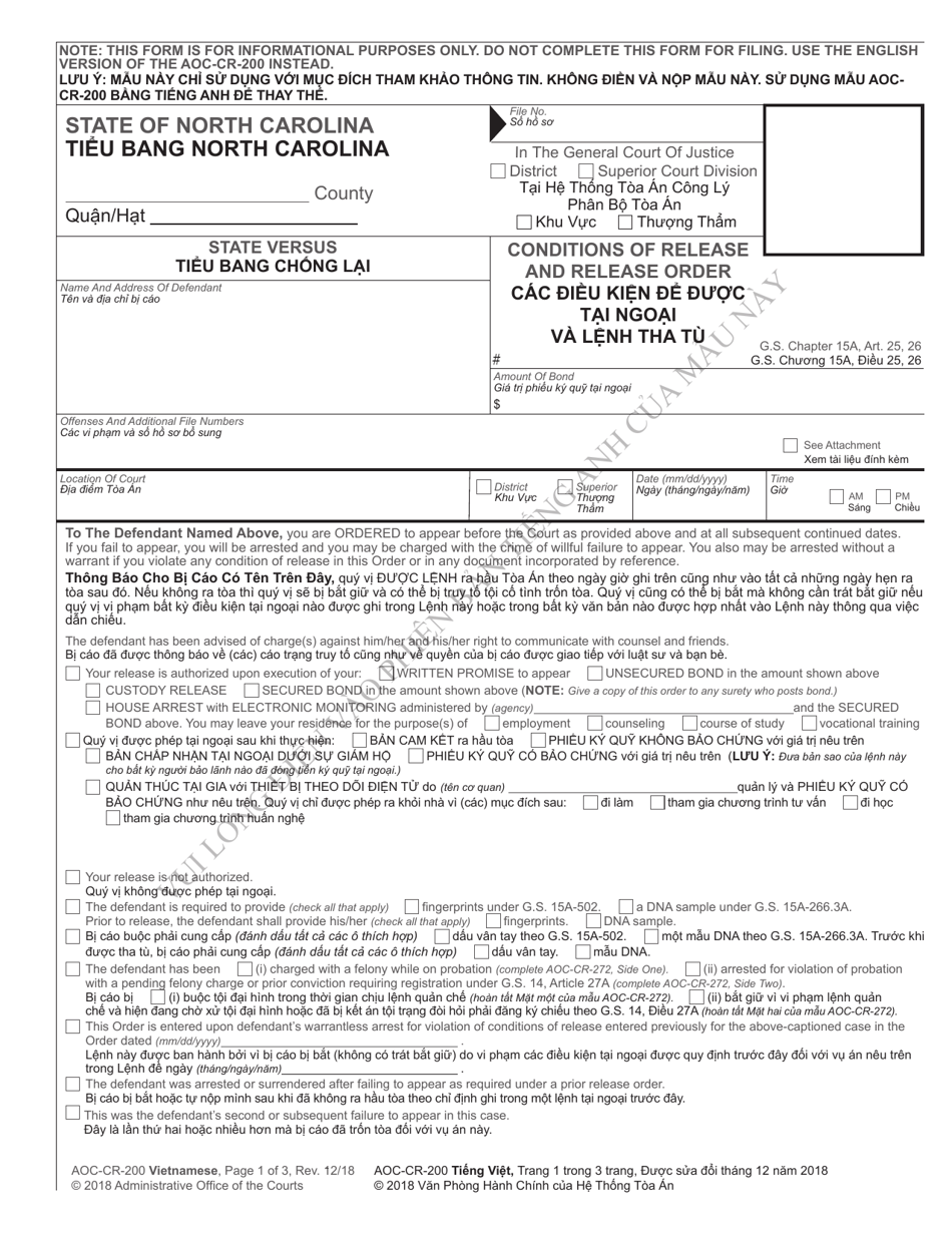 Form AOC-CR-200 VIETNAMESE Conditions of Release and Release Order - North Carolina (English / Vietnamese), Page 1