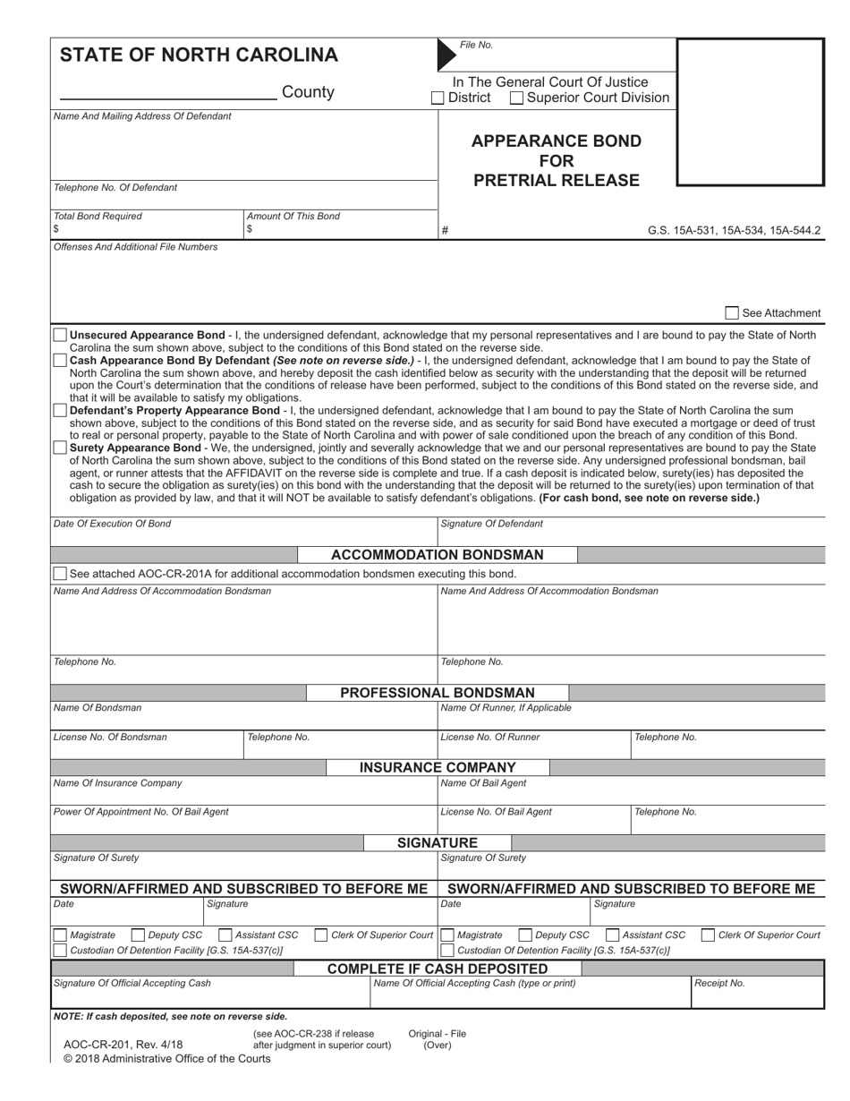 Form AOC-CR-201 Appearance Bond for Pretrial Release - North Carolina, Page 1