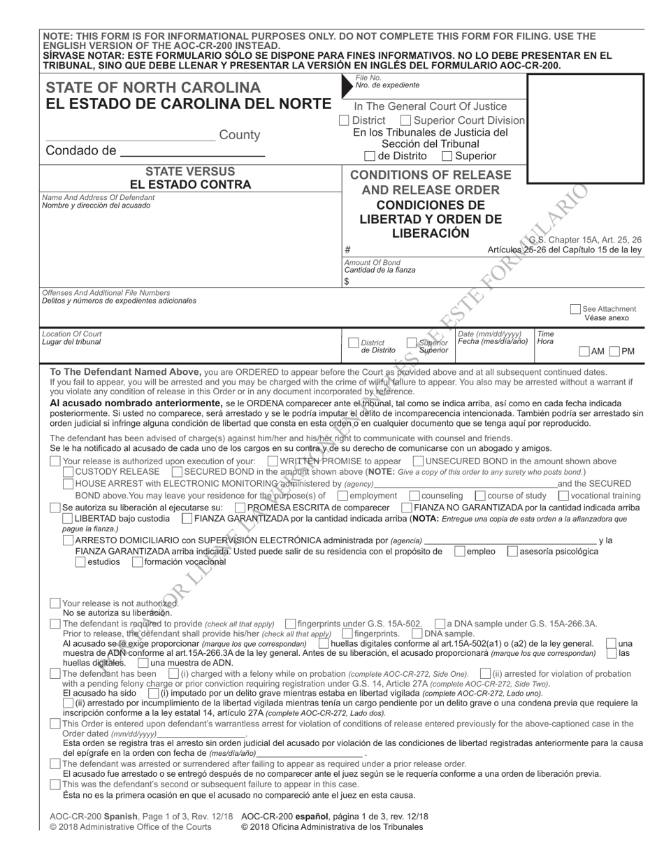 Form AOC-CR-200 SPANISH Conditions of Release and Release Order - North Carolina (English / Spanish), Page 1