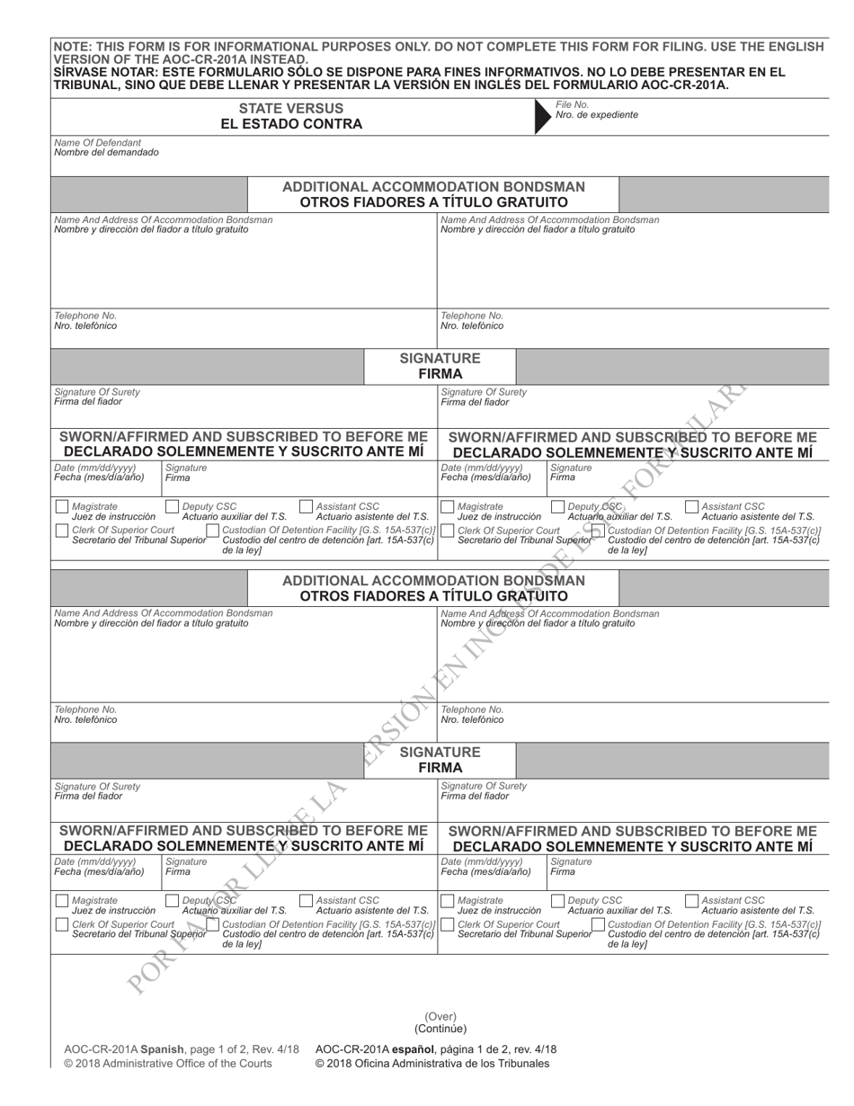 Form Aoc Cr 201a Spanish Fill Out Sign Online And Download Printable Pdf North Carolina 5069