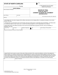 Document preview: Form AOC-CR-202 Waiver of Trial Plea of Guilty Consent to Entry of Judgment (Misdemeanors) - North Carolina