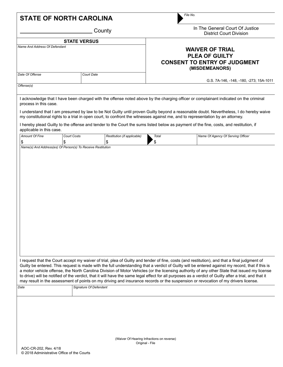 Form AOC-CR-202 Waiver of Trial Plea of Guilty Consent to Entry of Judgment (Misdemeanors) - North Carolina, Page 1