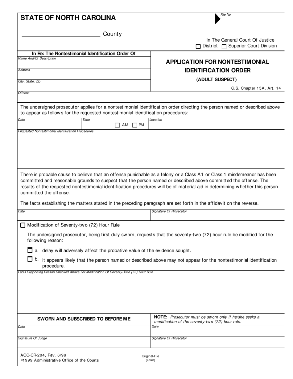 Form AOC-CR-204 Application for Nontestimonial Identification Order (Adult Suspect) - North Carolina, Page 1