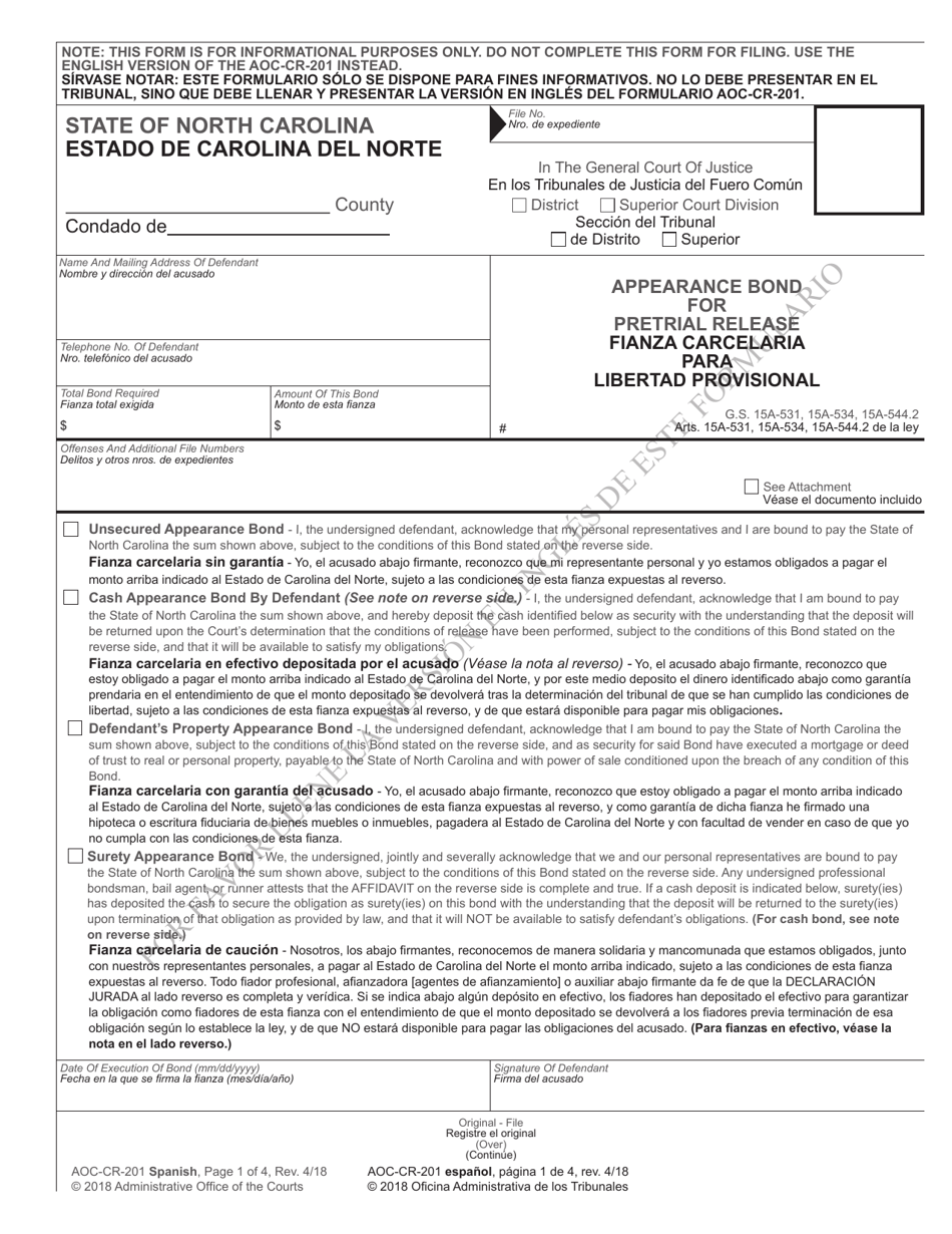 Form AOC-CR-201 SPANISH Appearance Bond for Pretrial Release - North Carolina (English / Spanish), Page 1