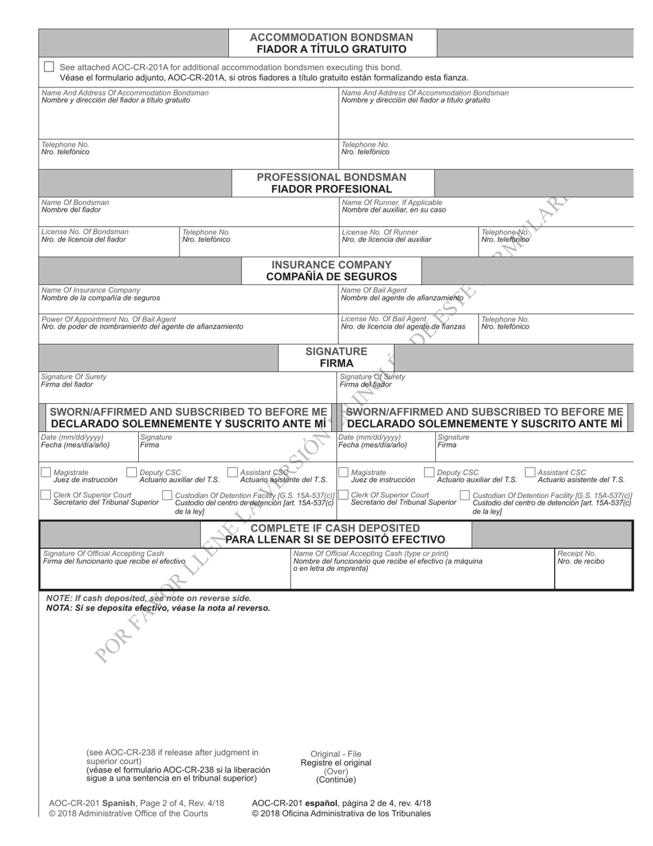 Form AOC-CR-201 SPANISH Appearance Bond for Pretrial Release - North Carolina (English / Spanish), Page 2
