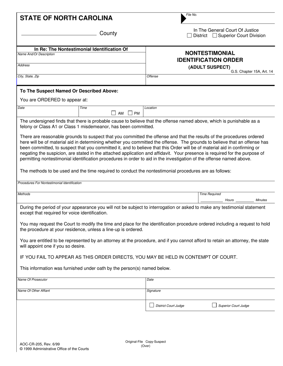 Form AOC-CR-205 Nontestimonial Identification Order (Adult Suspect) - North Carolina, Page 1