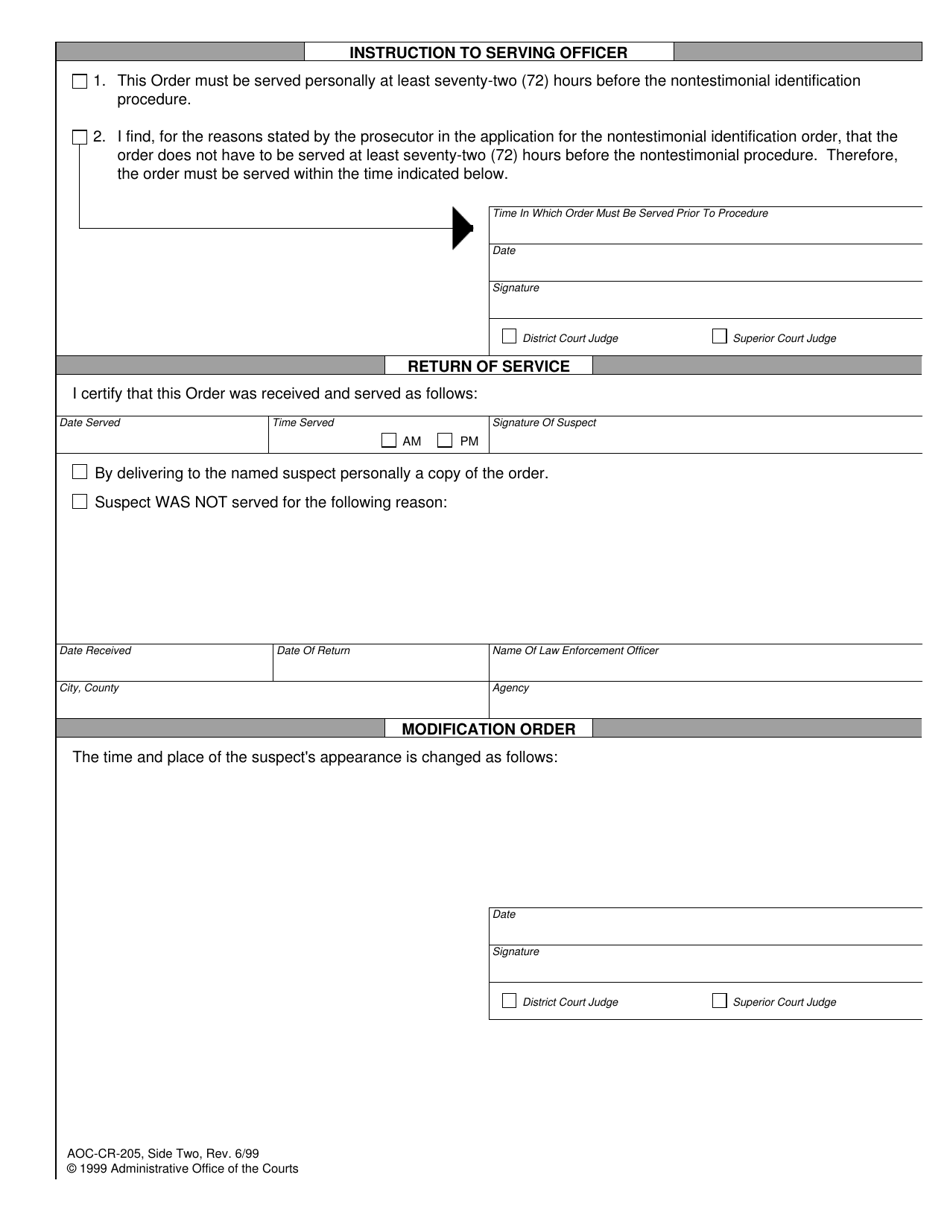 Form AOC-CR-205 Nontestimonial Identification Order (Adult Suspect) - North Carolina, Page 2
