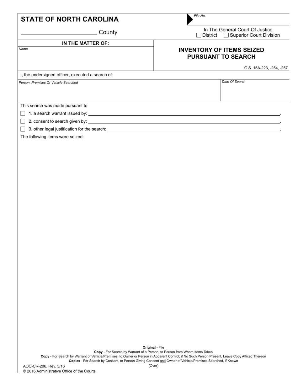 Form AOC-CR-206 Inventory of Items Seized Pursuant to Search - North Carolina, Page 1