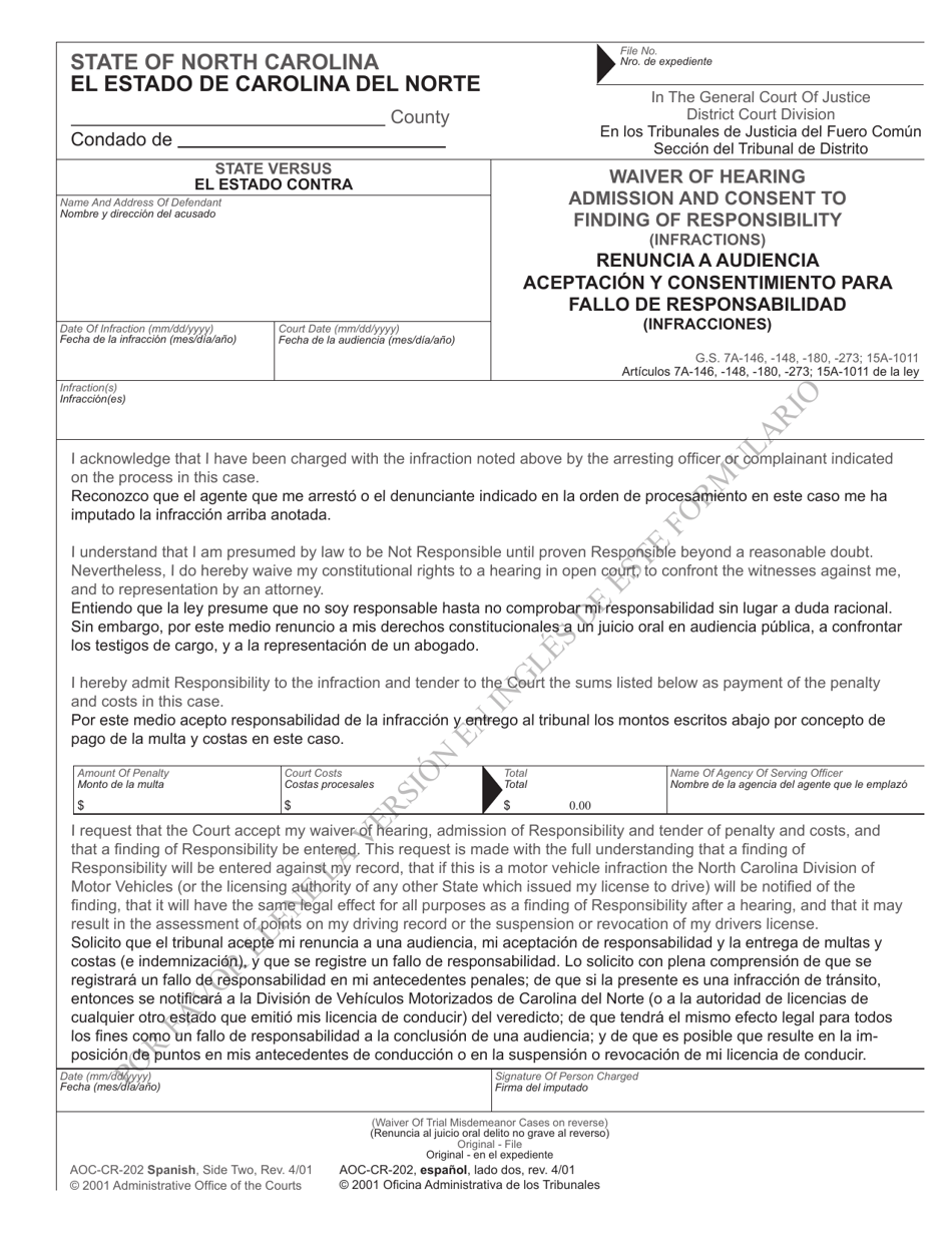 Form AOC-CR-202 SPANISH - Fill Out, Sign Online and Download Printable PDF, North Carolina 