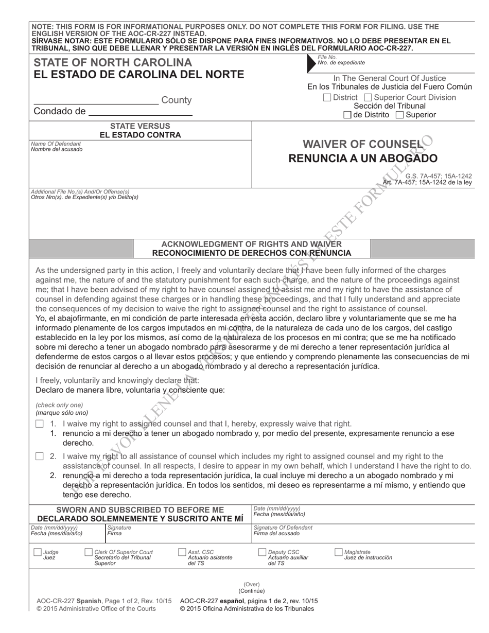 Form AOC-CR-227 SPANISH Waiver of Counsel - North Carolina (English / Spanish), Page 1