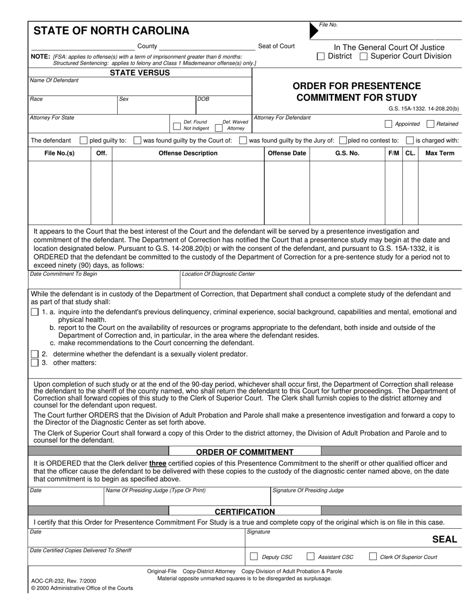 Form AOC-CR-232 Order for Presentence Commitment for Study - North Carolina, Page 1