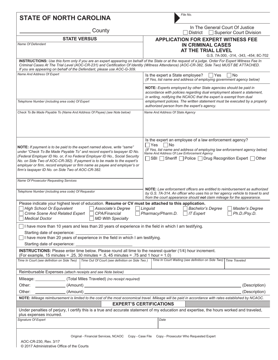 Form AOC-CR-230 Application for Expert Witness Fee in Criminal Cases at the Trial Level - North Carolina, Page 1