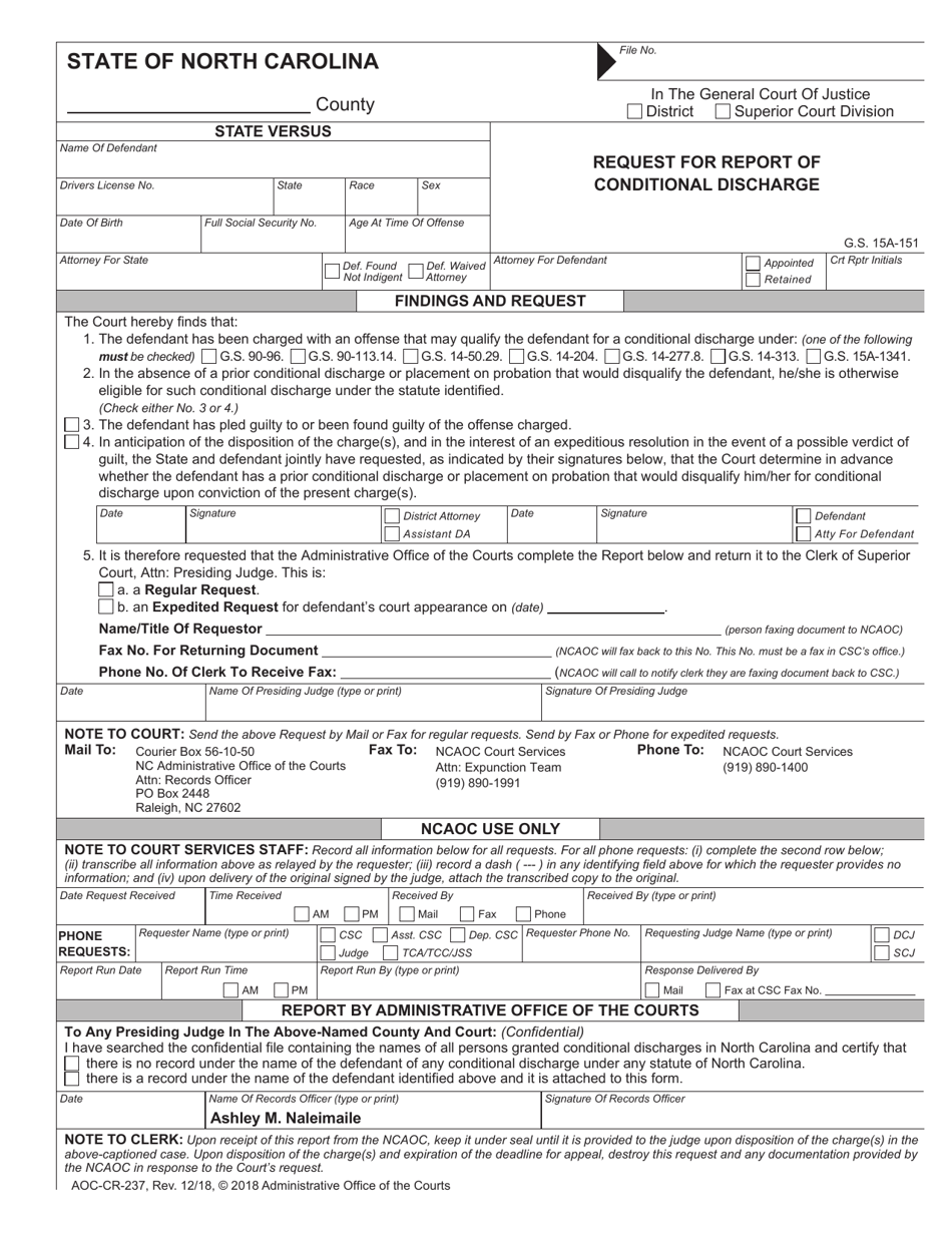 Form AOC-CR-237 Request for Report of Conditional Discharge - North Carolina, Page 1