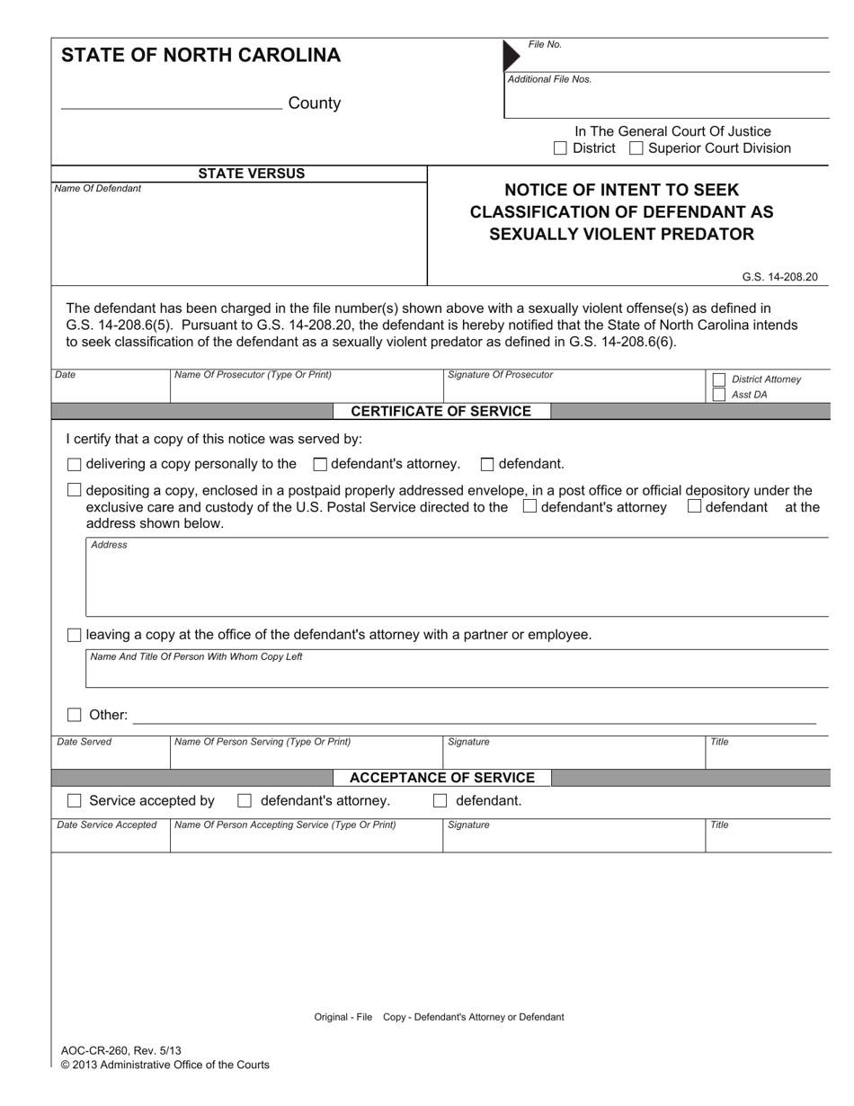 Form AOC-CR-260 Notice of Intent to Seek Classification of Defendant as Sexually Violent Predator - North Carolina, Page 1