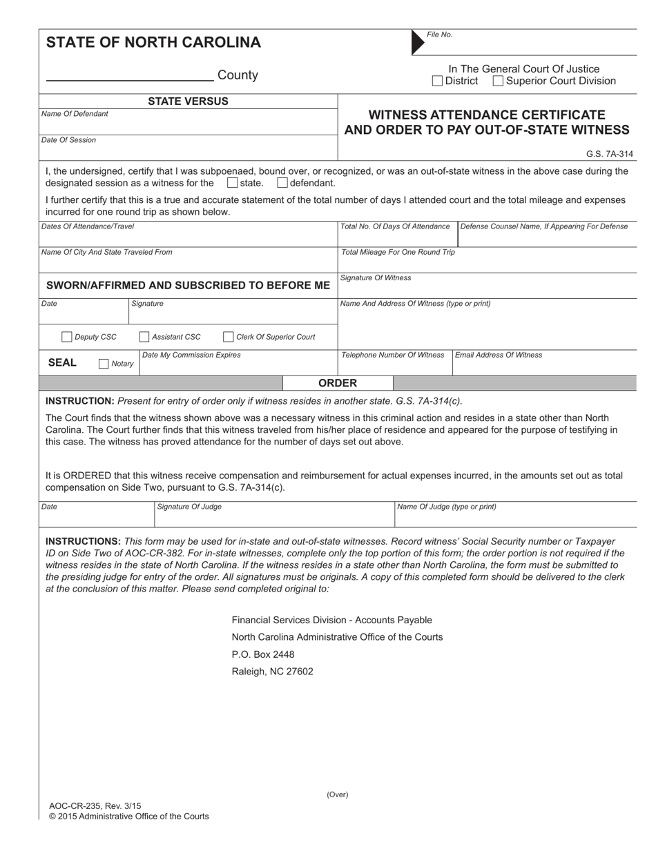Form AOC-CR-235 Witness Attendance Certificate and Order to Pay Out-of-State Witness - North Carolina, Page 1