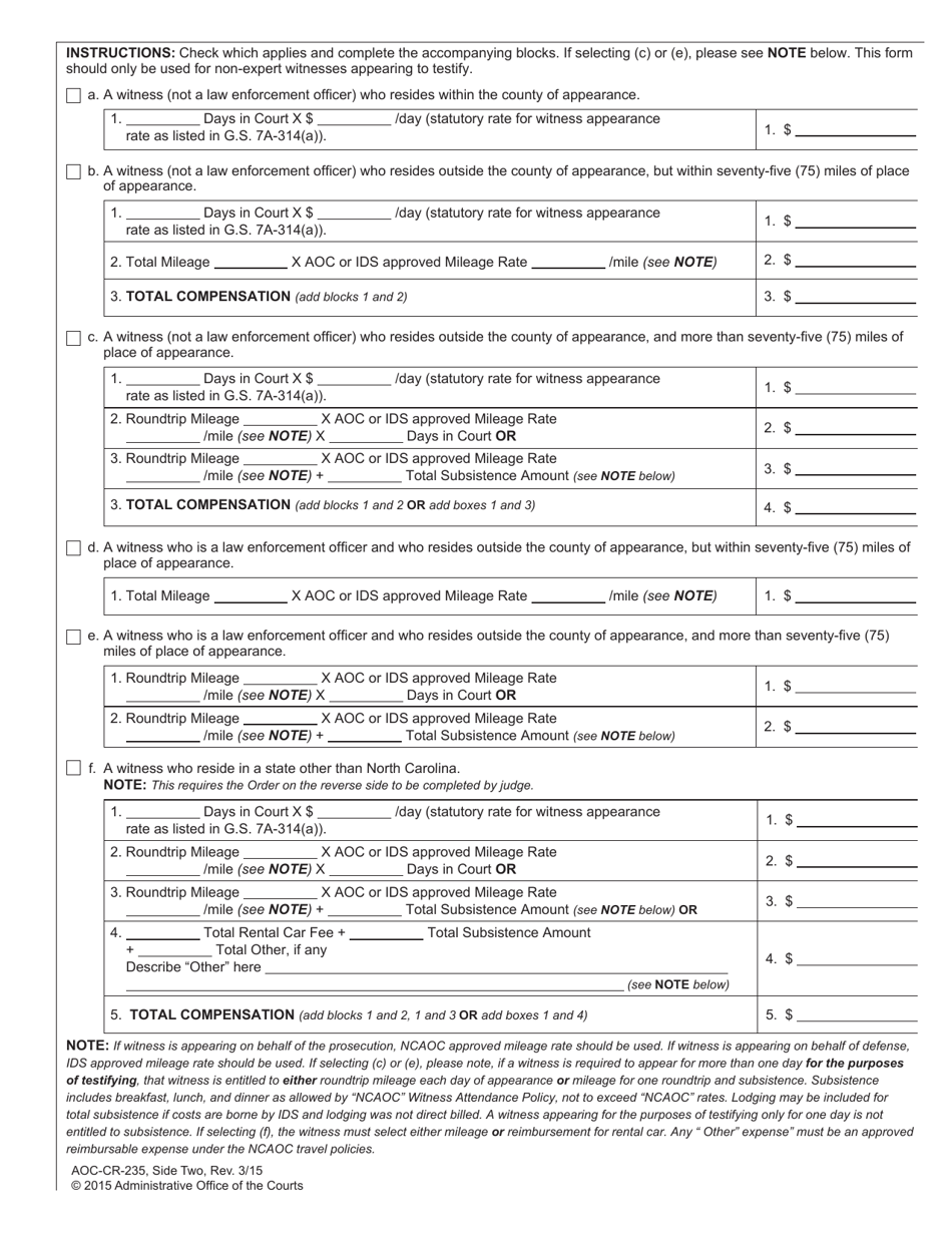 Form AOC-CR-235 Witness Attendance Certificate and Order to Pay Out-of-State Witness - North Carolina, Page 2