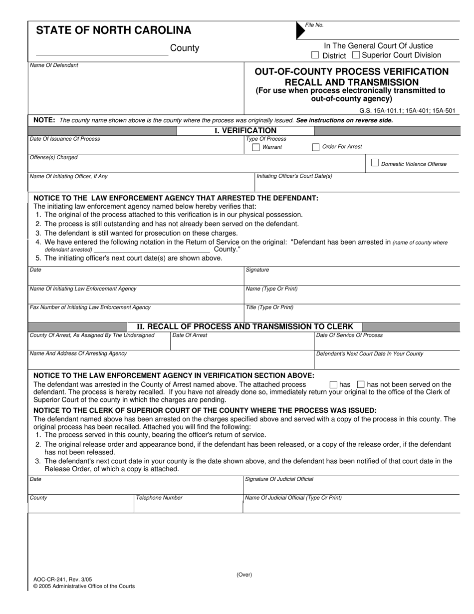 Form AOC-CR-241 Out-Of-County Process Verification Recall and Transmission (For Use When Process Electronically Transmitted to out-Of-County Agency) - North Carolina, Page 1