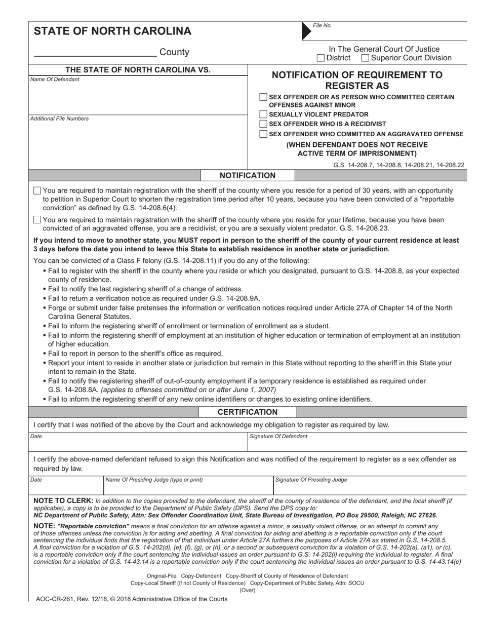 Form AOC-CR-261 Notification of Requirement to Register as Sex Offender or as Person Who Committed Certain Offenses Against Minor / Sexually Violent Predator / Sex Offender Who Is a Recidivist / Sex Offender Who Committed an Aggravated Offense (When Defendant Does Not Receive Active Term of Imprisonment) - North Carolina, Page 1