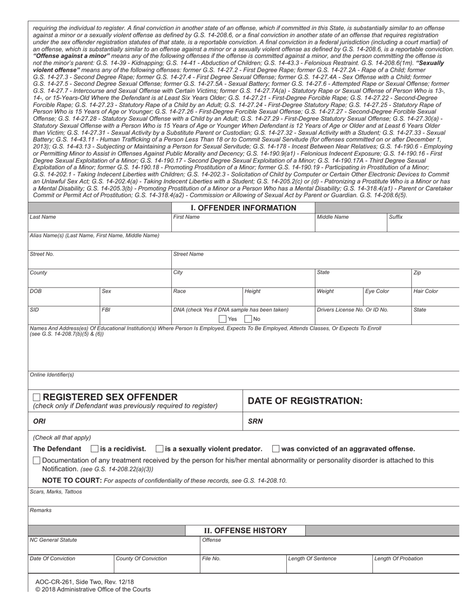Form AOC-CR-261 Notification of Requirement to Register as Sex Offender or as Person Who Committed Certain Offenses Against Minor / Sexually Violent Predator / Sex Offender Who Is a Recidivist / Sex Offender Who Committed an Aggravated Offense (When Defendant Does Not Receive Active Term of Imprisonment) - North Carolina, Page 2