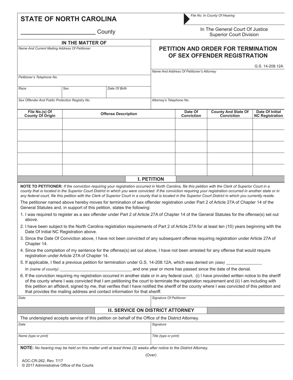 Form Aoc Cr 262 Fill Out Sign Online And Download Fillable Pdf North Carolina Templateroller 4260