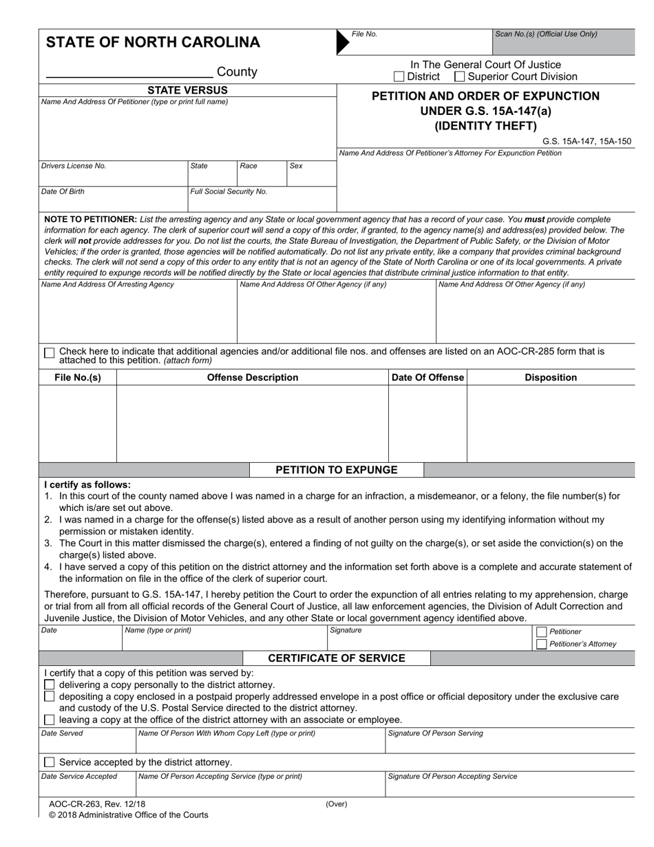 Form AOC-CR-263 Petition and Order of Expunction Under G.s. 15a-147(A) (Identity Theft) - North Carolina, Page 1