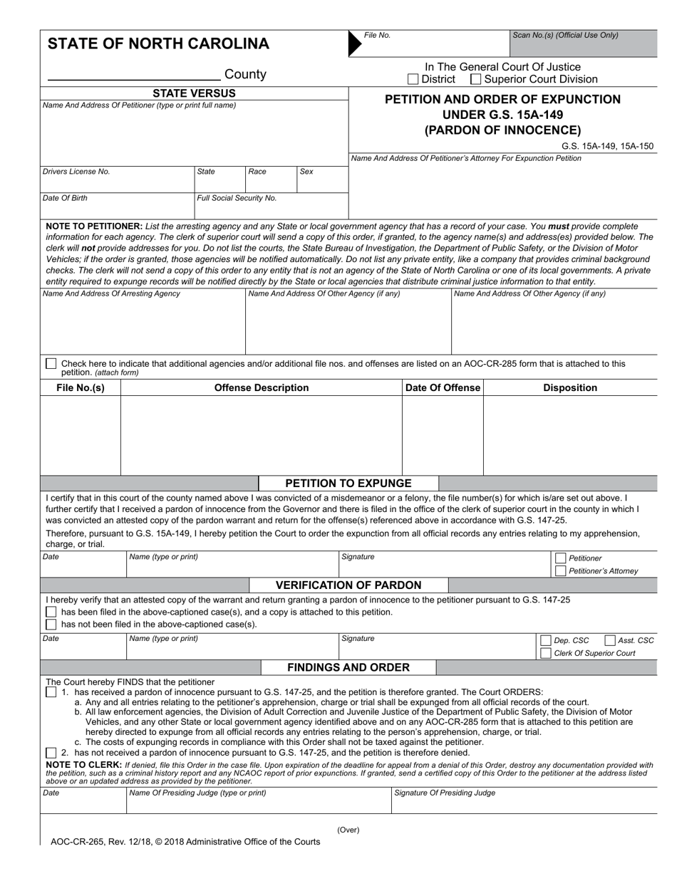 Form AOC-CR-265 Petition and Order of Expunction Under G.s. 15a-149 (Pardon of Innocence) - North Carolina, Page 1